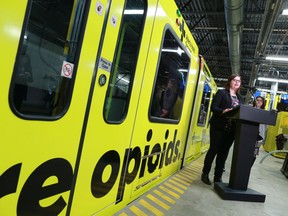 Associate Minister of Health Brandy Payne speaks at the unveiling of a wrapped CTrain in Calgary on Monday January 28, 2018. The car is a part of a provincial opioid awareness campaign. Gavin Young/Postmedia