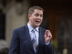 Conservative Leader Andrew Scheer rises during question period in the House of Commons in Ottawa on Monday, Dec. 11, 2017.