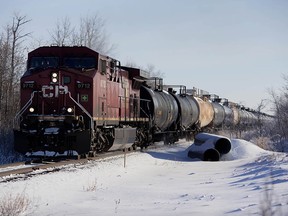 A Canadian Pacific Railway Ltd. train transporting oil leaves Hardisty, Alta.