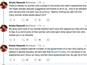 Three of the tweets by Kristin Raworth accusing Kent Hehr of sexually inappropriate behaviour.