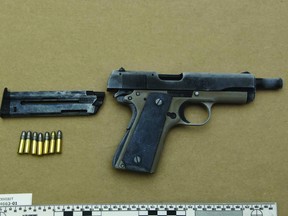 A .22-calibre handgun seized in Sunday's arrest of 28-year-old Tommy Tran Nguyen of Chestermere.