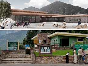 Parks Canada has released its selected design (top) to replace the visitor centre at Waterton Lakes National Park. The original building, at bottom, was destroyed in a wildfire last summer.