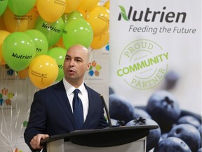 Nutrien CEO Chuck Magro speaks in Saskatoon on Feb. 8, 2018.