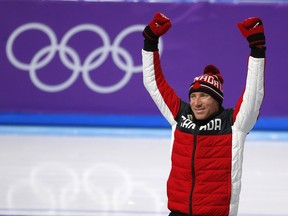 Canada's Ted-Jan Bloeman celebrates his second-place finish in the men's 5,000 metres at the Pyeongchang Olympics on Feb. 11.