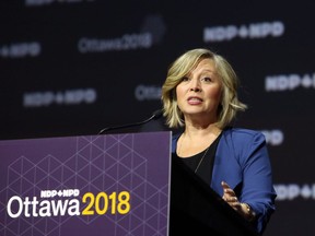 NDP President Marit Stiles addresses delegates at the NDP Convention in Ottawa, Friday, February 16, 2018.