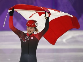 Canada's Kim Boutin celebrates her silver medal in the women's 1,000 metres at the Pyeongchang Olympics on Feb. 22.