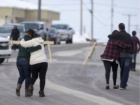 Community members leave La Loche provincial court on the day a judge issued her decision to sentence to sentenc the the teen as an adult for the 2016 school shooting in La Loche, SK on Friday, February 23, 2018.