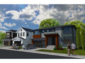An artist's rendering of the streetscape of single-family homes planned for the Parks of Harvest Hills by Cedarglen.