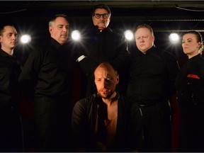 Scorpio Theatre is producing a stage interpretation of 1984. It stars Darcy Wilson, centre front, with L-R Ted Lach, Dorin MacIntosh, Luigino Savoia, Carl Bishop and Tanis Laatch.