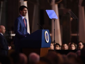 Canadian Prime Minister Justin Trudeau delivers an address at the Ronald Reagan Presidential Library and Museum, February 9, 2018 in Simi Valley, California. / AFP PHOTO / Robyn BeckROBYN BECK/AFP/Getty Images