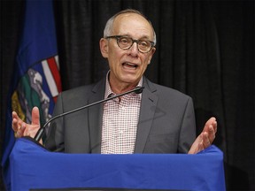 New leader of the Alberta Party Stephen Mandel, speaks to the crowd after being voted in, in Edmonton Alta, on Tuesday February 27, 2018. THE CANADIAN PRESS/Jason Franson ORG XMIT: EDM106