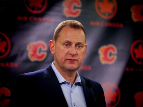 Calgary Flames GM Brad Treliving speaks about his team's moves after the NHL trade deadline at the Scotiabank Saddledome in Calgary on Monday, February 26, 2018. Al Charest/Postmedia