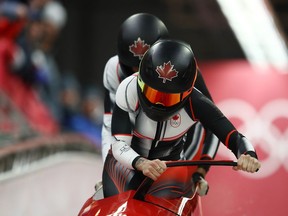 Canada's Kaillie Humphries and Phylicia George compete in women's bobsleigh at the Pyeongchang Olympics on Feb. 21.
