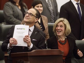 Alberta Finance Minister Joe Ceci and Premier Rachel Notley in the Alberta Legislature after tabling the 2017 provincial budget on March 16, 2017.