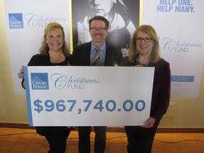 Cal 0217 Xmasfund alone Pictured with close to a million to reasons to smile at the cheque presentation Feb 7 from proceeds raised through the 2017 Herald Christmas Fund are, from left, Postmedia advertising sales manager Laura Linnell, editor in chief Lorne Motley and deputy editor Monica Zurowksi. Since it's inception 27 years ago, the fund has raised a staggering $26 million- and counting. Funds raised through the 2017 campaign were shared equally between 12 invaluable agencies.