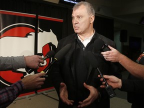 Canadian Football League commissioner Randy Ambrosie speaks to media after  meeting with Stampeders season ticket holders at the Saddledome's Chrysler Club on Tuesday, February 6, 2018. Dean Pilling/Postmedia