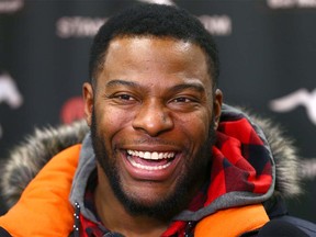 CFL player Charleston Hughes speaks to media in Calgary on Friday, February 2, 2018. The veteran player was traded Friday from the Stampeders to the Hamilton Tiger-Cats and then a few minutes later to the Saskatchewan Roughriders. Jim Wells/Postmedia