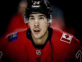 Calgary Flames Travis Hamonic during the pre-game skate before facing the Pittsburgh Penguins in NHL hockey at the Scotiabank Saddledome in Calgary on Thursday, November 2, 2017.