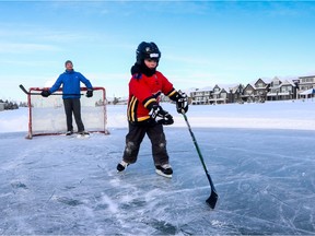 Dan Hayduk and his son Peter, 6, enjoy the skating on Mahogany Lake in the southeast Calgary community.