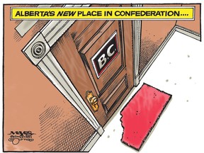 UPLOADED BY: Malcolm Mayes ::: EMAIL: mmayes@artizans.com ::: PHONE: 780-288-3542 ::: CREDIT: Malcolm Mayes ::: CAPTION: For Edmonton Journal use only.   B.C. decision means Alberta is confederation's new doormat. (Cartoon by Malcolm Mayes)