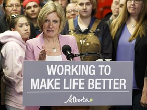 Premier Rachel Notley speaks in front of Trade Winds to Success students about Alberta's dispute over the Kinder Morgan Trans Mountain pipeline with British Columbia during a press conference at Alberta Pipe Trades College in Edmonton, Alberta on Friday, Feb. 16, 2018.