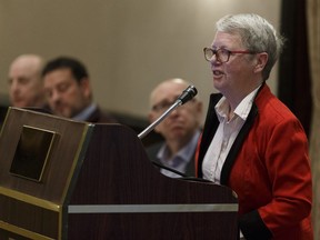 Concordia University of Edmonton professor Elizabeth Smythe speaks during a panel on the pros and cons of a provincial sales tax at an Economics Society of Northern Alberta event at the Chateau Lacombe in Edmonton on Wednesday, Feb. 21, 2018.