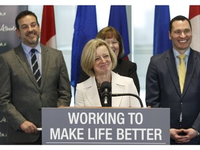 Premier Rachel Notley, along with members of government and industry, answers questions about the Alberta government's up to $1 billion investment in the partial upgrading of oilsands bitumen during a news conference at the Federal Building in Edmonton, Alberta on Monday, Feb. 26, 2018.