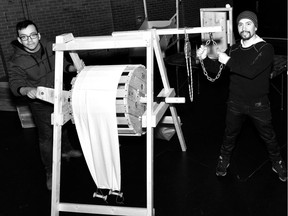 Jon Martin and Fredy Rivas with the wind machine used in Confederation Theatre's Shackleton.