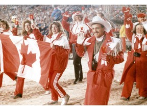 Canadian athletes enter McMahon Stadium to wild applause and ecstatic cheers as the 1988 Winter Olympic Games in Calgary close.
