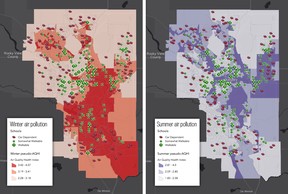 Maps compare air quality in Calgary during winter and summer.