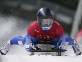 AJ Edelman of Israel brakes in the finish area during the men's skeleton training at the 2018 Winter Olympics in Pyeongchang, South Korea, Wednesday, Feb. 14, 2018.