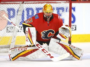 Calgary Flames goaltender David Rittich is shown in warm up before NHL action against the Edmonton Oilers in Calgary Saturday, Dec. 2, 2017.