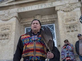 Alvin Baptiste, the uncle of Colten Boushie, leaves during a lunch recess on the day of closing arguments in the trial of Gerald Stanley, the farmer accused of killing 22-year-old Indigenous man Colten Boushie, in Battleford, Sask. on Thursday, February 8, 2018.