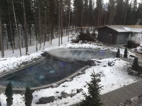 The Gathering Pool in the centre of the Kananaskis Nordic Spa. It's the centrepiece of the hot-warm-cold hydrotherapy cycle of the outdoor spa.