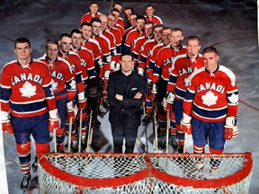 The 1964 Canadian national hockey team, coached by Father David Bauer (centre).