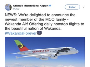 This image released by the Orlando International Airport shows a screengrab of a Feb. 20 tweet announcing flights to Wakanda, the fictional land from the blockbuster film, "Black Panther." Hartsfield-Jackson Atlanta International Airport tweeted a photo of a sign listing a 7:30 p.m. departure to Wakanda with the words, ìThe bags are packed. #Wakanda forever.î (Orlando International Airport via AP) ORG XMIT: NYET333