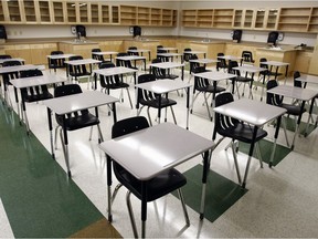 EDMONTON, ALBERTA: August 18-2010: Lori Nagy, spokesperson for the Edmonton Catholic schools gave the media a tour of the three new Catholic  schools that will open in suburban neighbourhoods this fall.  New classrooms with clean desks  at Monsignor Fee Otterson located at 1834 Rutherford Road SW on August 18. (Photo by  Brian J. Gavriloff / Edmonton Journal)