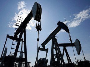 Pumpjacks at work pumping crude oil near Halkirk.