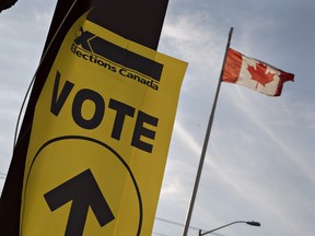 An Elections Canada sign directs voters to the entrance of the Sonnenhof German-Canadian Club on Monday October 19, 2015, one of several voting locations in Brantford, Ontario.