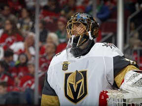 Vegas Golden Knights goalie Marc-Andre Fleury looks on against the New Jersey Devils on March 4.