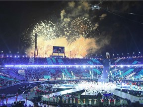 Fireworks erupt during the closing ceremony of the Pyeongchang 2018 Winter Paralympic Games at the Pyeongchang Stadium in Pyeongchang on March 18, 2018.