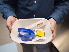 A supervised drug consumption site has opened in Lethbridge, Alta., after the city recorded more than 54 overdoses in recent weeks, some from what police are calling a potent batch of a dangerous street opioid. A injection kit is seen inside the newly opened Fraser Health supervised consumption site is pictured in Surrey, B.C., Tuesday, June 6, 2017. THE CANADIAN PRESS/Jonathan Hayward ORG XMIT: CPT121