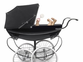 Local Input~ Profile of traditional baby stroller/perambulator with baby arm and feet baby in stroller. close cropped. iStock photo. FOR NATIONAL POST USE ONLY