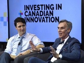Justin Trudeau participates in an armchair discussion with Bill Nye, who asked the prime minister to explain approval of the expansion of Kinder Morgan's Trans Mountain pipeline.