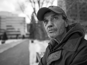 Alex, who has gone in and out of homelessness over the years, believes that affordable housing is only the first step and there is not enough follow up to ensure the underlying issues that might have lead to homelessness are addressed. "I think it is possible to end homelessness, as soon as they walk in the door find out what they need, find out why they are they are there and when you find that out put the support work together to get that person to the next step.”  Alex was photographed in downtown Calgary on February 22, 2018.