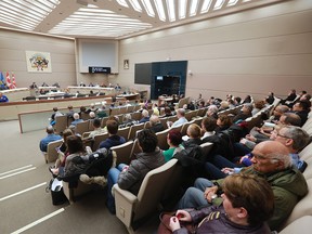 Calgarians filled the council chambers gallery during a public hearing on changing how the Calgary approves secondary suites on Monday March 12, 2018. The next public hearing on the matter is coming in November.