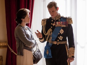 Claire Foy, left, and Matt Smith in a scene from The Crown.