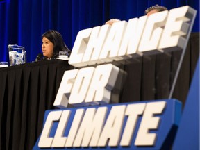 Vickie Wetchie, economic development director for Montana First Nations, sits on a panel at the Cities and Climate Change Science Conference, discussing climate change impacts on Indigenous people on Tuesday, March 6, 2018, in Edmonton.