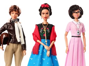 This product image released by Barbie shows dolls in the image of pilot Amelia Earhart, left, Mexican artist Frida Kahlo and mathematician Katherine Johnson, part of the Inspiring Women doll line series being launched ahead of International Womenís Day. (Barbie via AP) ORG XMIT: NYET212