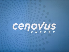 The Cenovus logo seen at the company's headquarters in Calgary, Wednesday, Nov. 15, 2017. Cenovus Energy Inc. says it has been running its oilsands operations at reduced production rates and storing excess production due to are wider-than-normal light-heavy oil price differentials and pipeline capacity constraints.